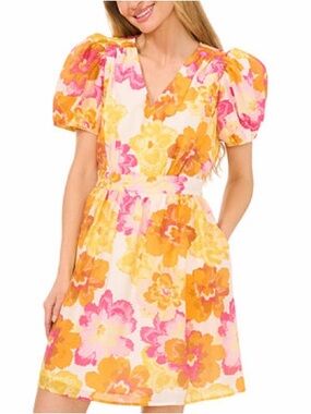 CeCe Floral Puff-Sleeve V-Neck Mini Dress in Pink & Orange